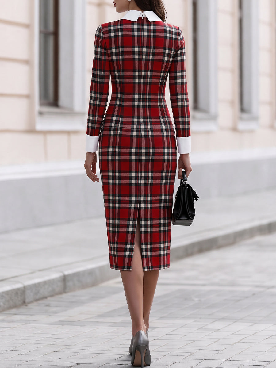 Contrast White‑Collar Tartan Plaid Long‑Sleeve Midi Pencil Dress