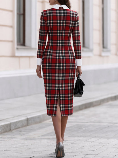 Contrast White‑Collar Tartan Plaid Long‑Sleeve Midi Pencil Dress