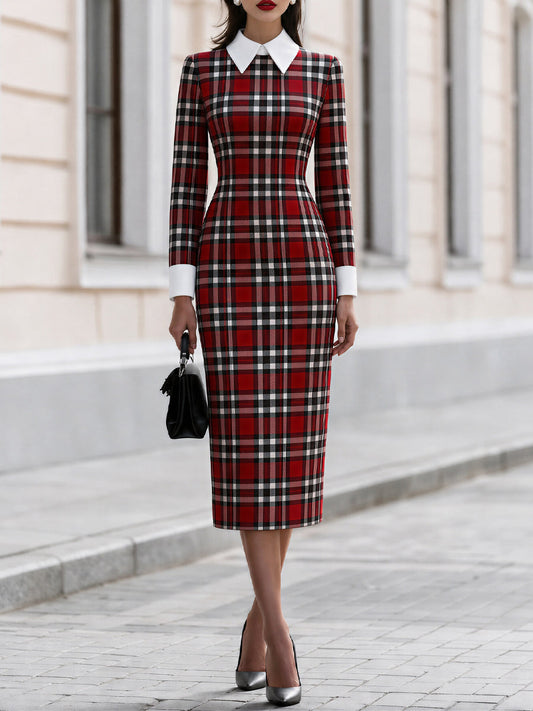 Contrast White‑Collar Tartan Plaid Long‑Sleeve Midi Pencil Dress