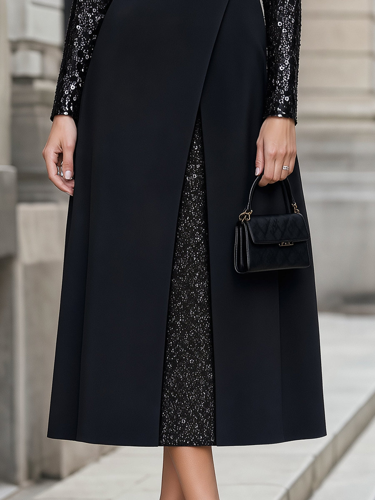 Sequin Sleeve Split-Front Midi Dress