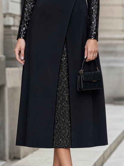 Sequin Sleeve Split-Front Midi Dress