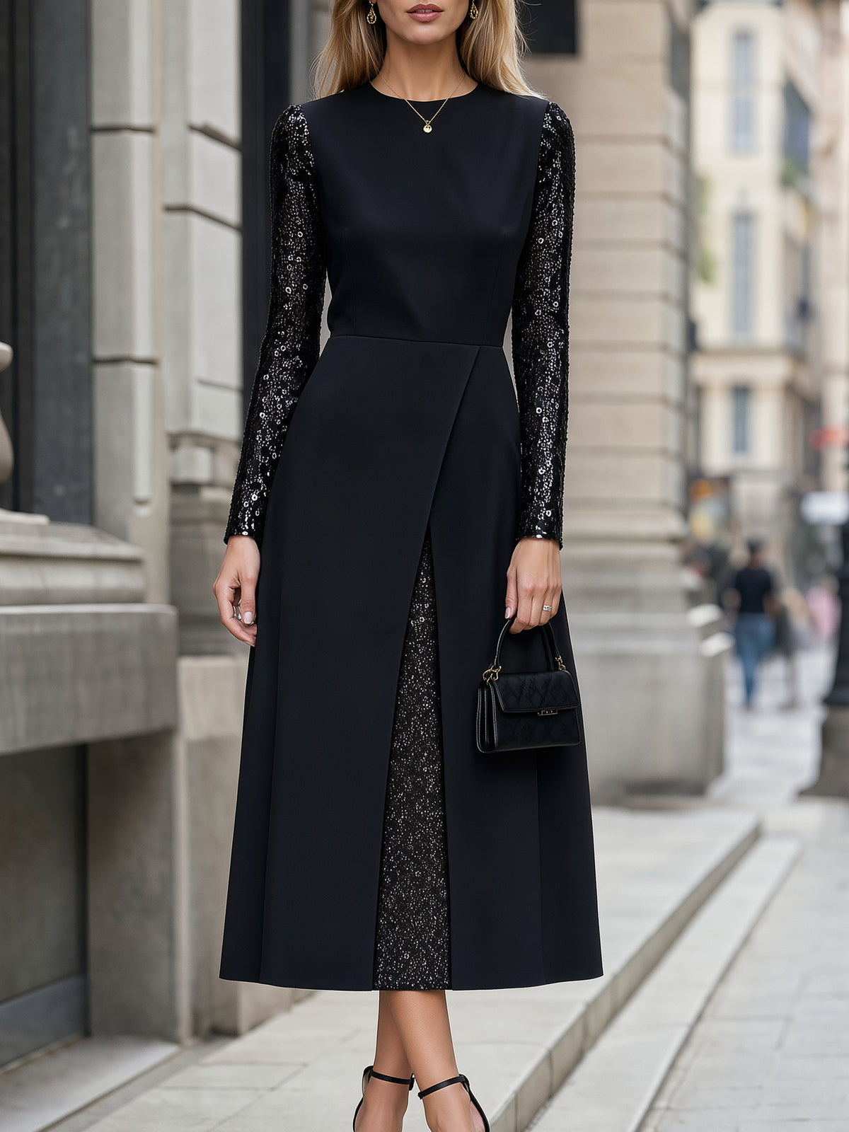 Sequin Sleeve Split-Front Midi Dress