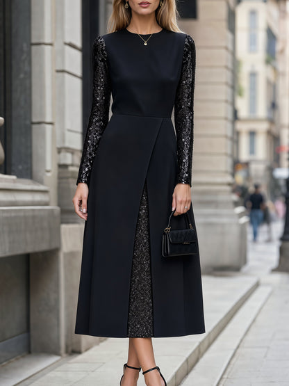 Sequin Sleeve Split-Front Midi Dress