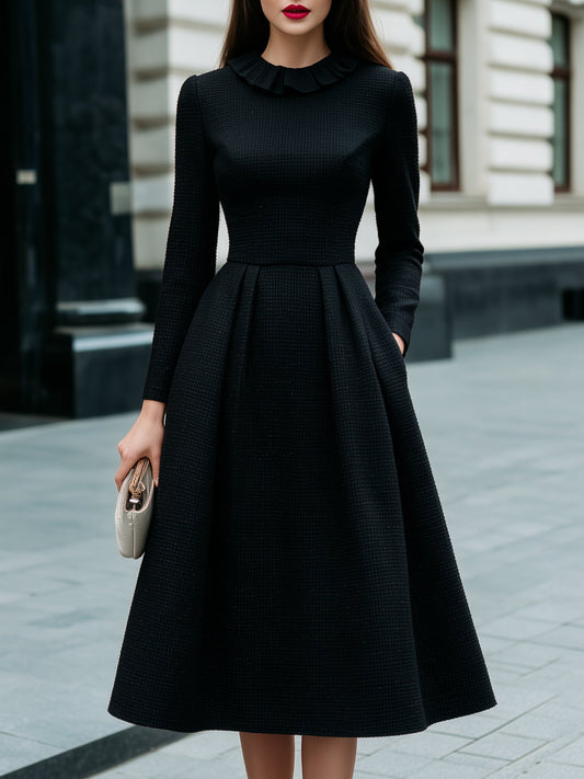 Tweed Ruffle-Collar A-Line Midi Dress