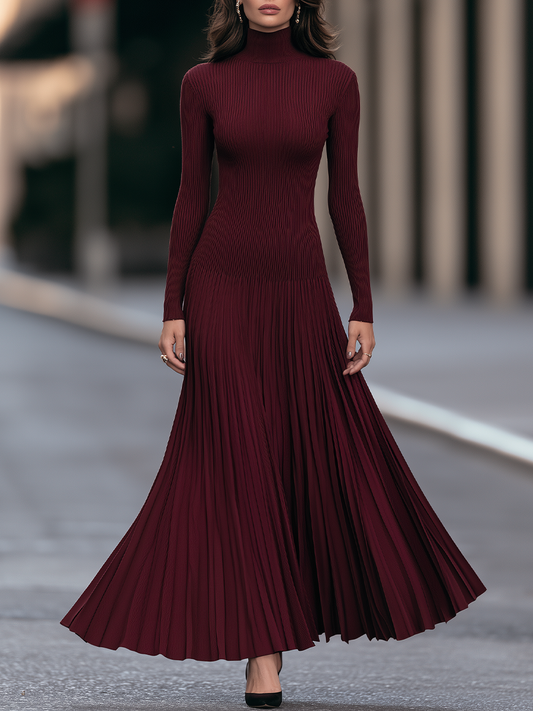 Turtleneck Ribbed Knit Pleated Maxi Dress