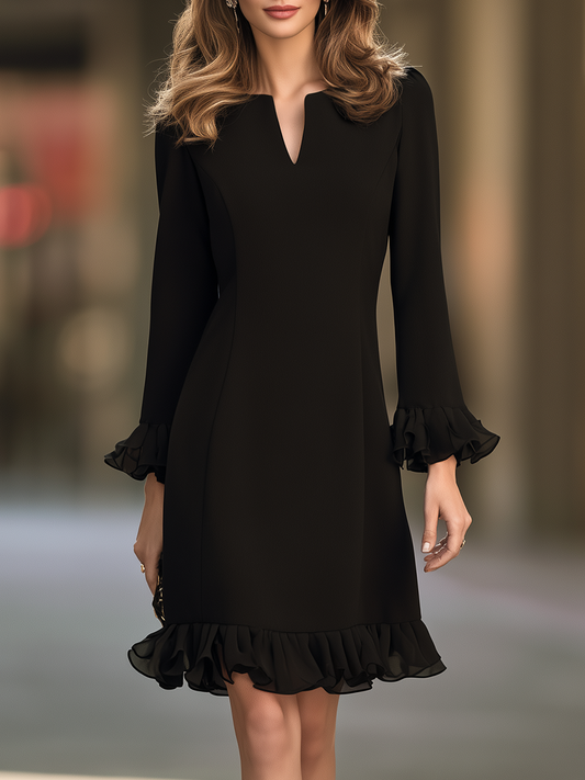 Elegant V-Neck Long Sleeve Ruffle Hem Black Dress