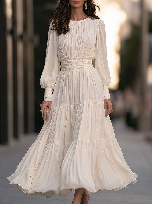 Round-Neck Pleated Tiered A-Line Maxi Dress