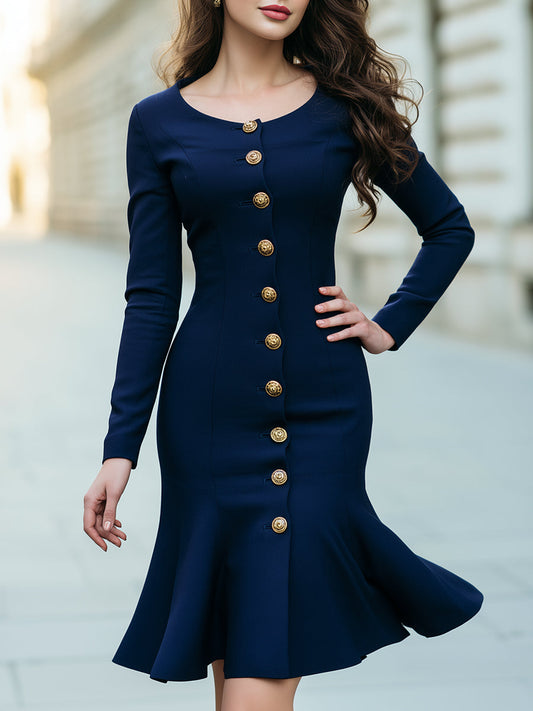 Gold-Button Mermaid Midi Dress
