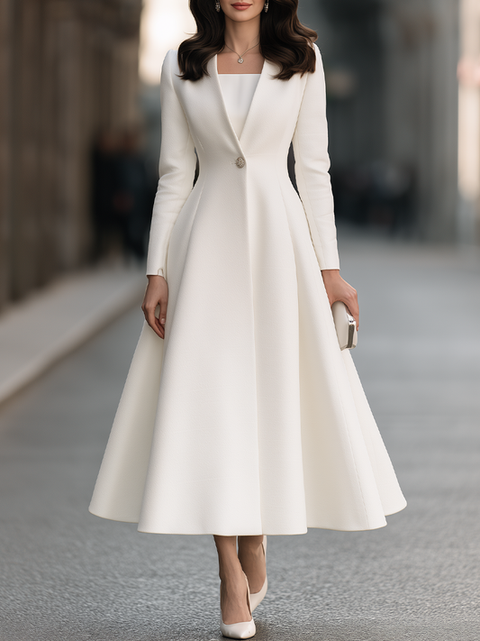 V-Neck Single-Button Fit-and-Flare Maxi Coat Dress