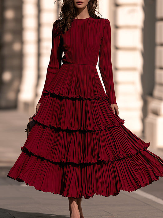 Round-Neck Long-Sleeve Tiered Pleated Maxi Dress