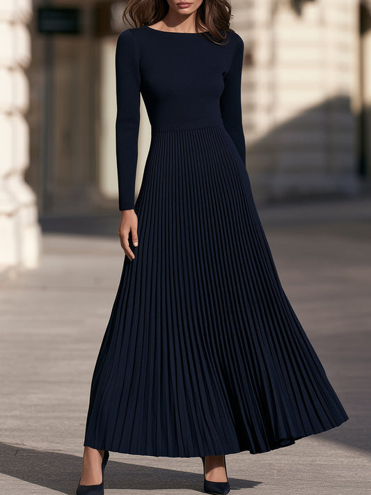 Boat-Neck Long-Sleeve Ribbed Pleated Knit Maxi Dress