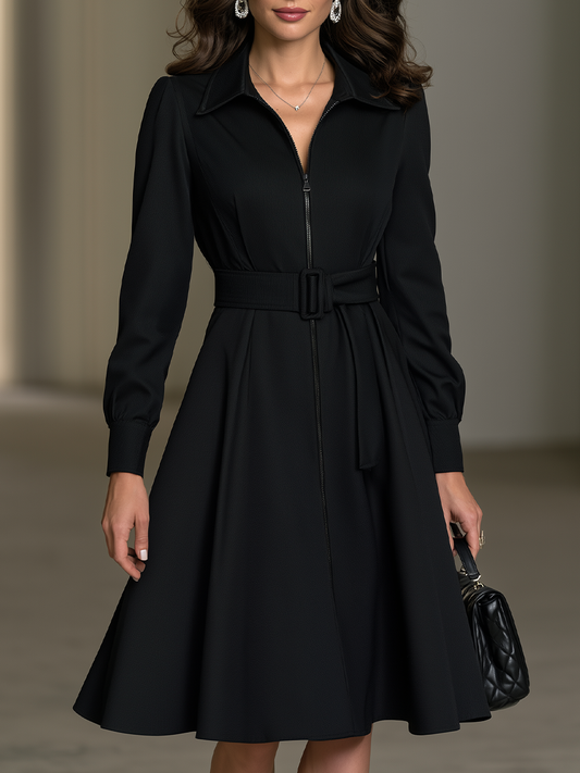Point-Collar Zip-Front Belted Fit-and-Flare Midi Dress