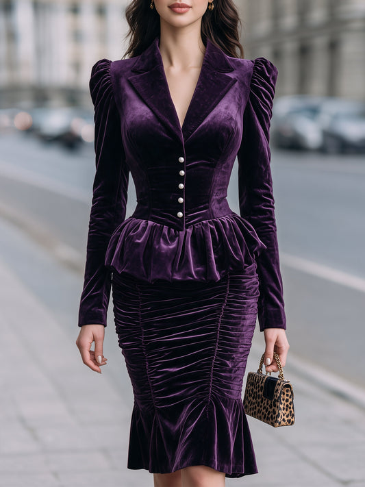 Velvet Ruched Peplum Long Sleeve Bodycon Dress