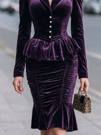 Velvet Ruched Peplum Long Sleeve Bodycon Dress