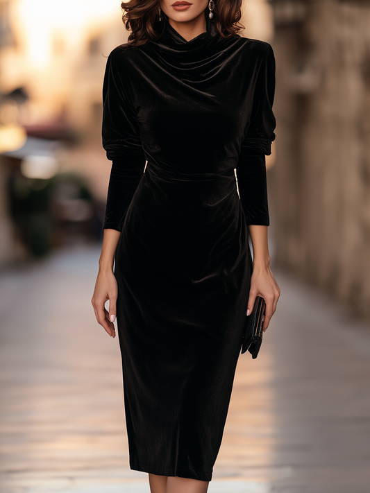 Cowl Neck Velvet Long Sleeve Bodycon Midi Dress