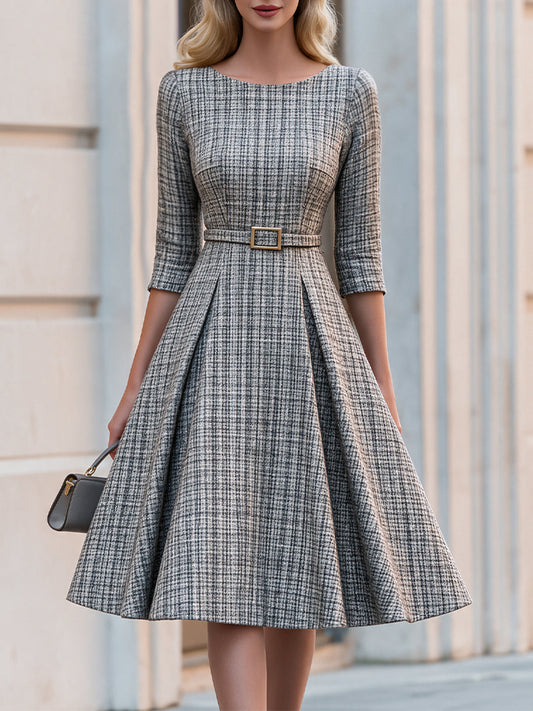 Round‑Neck Tweed Belted Three‑Quarter‑Sleeve Midi A‑Line Dress