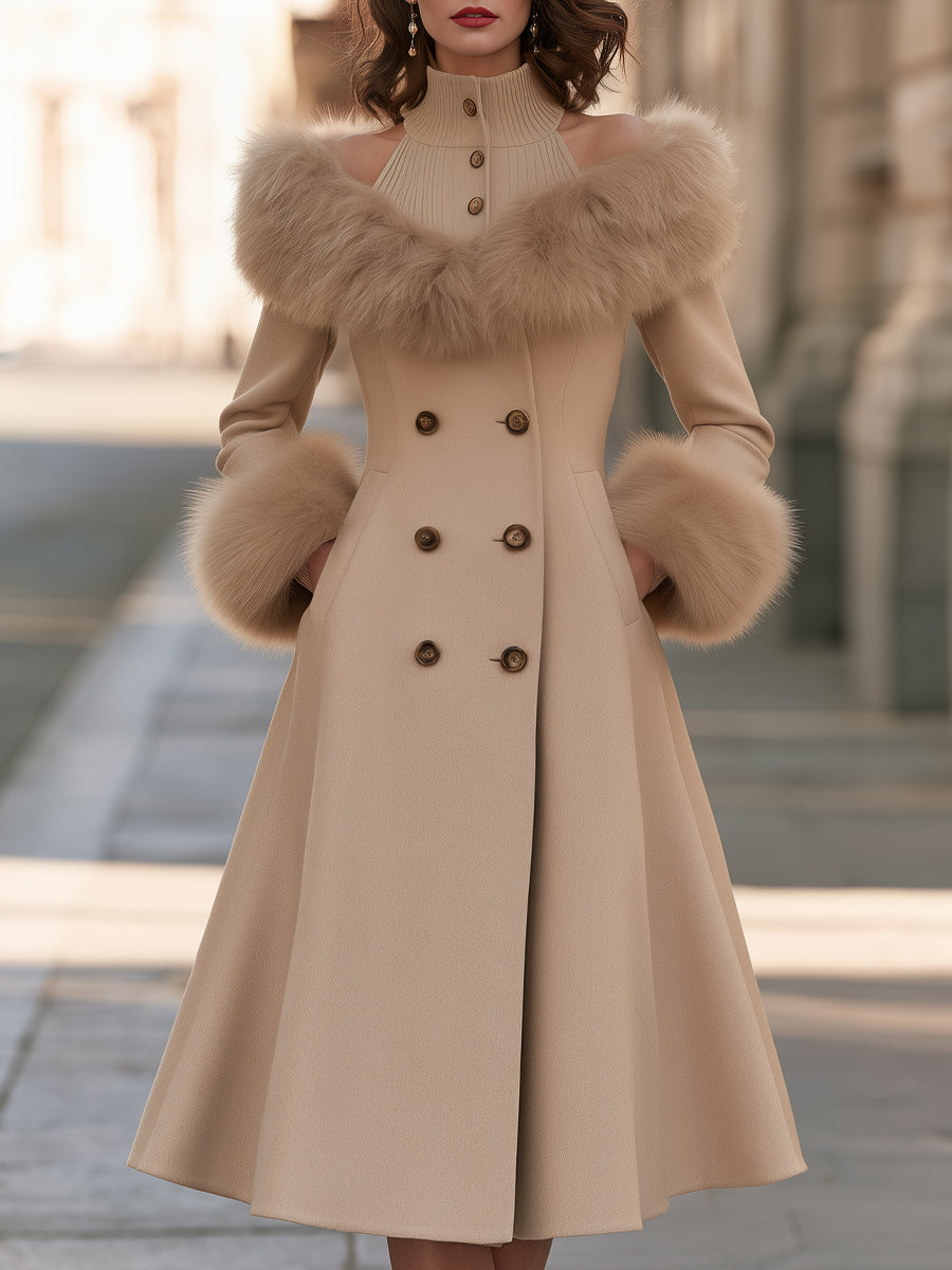Detachable Faux Fur Trim Layered Coat Dress