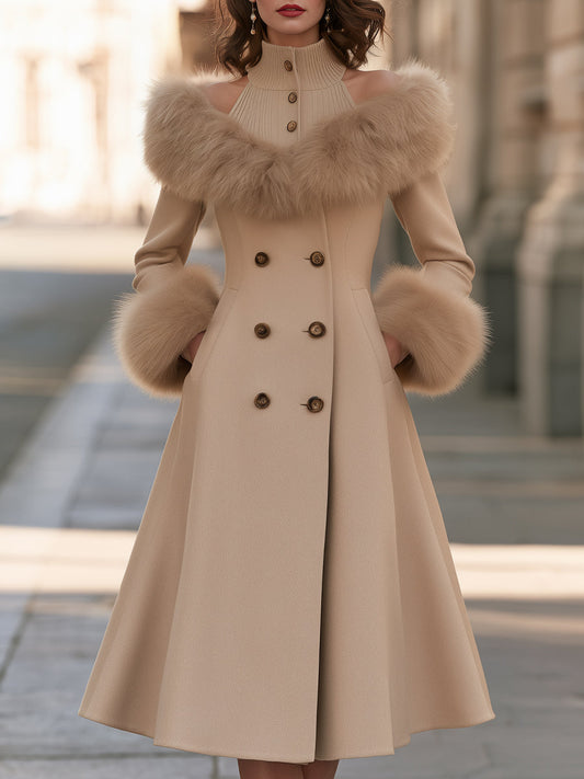 Detachable Faux Fur Trim Layered Coat Dress