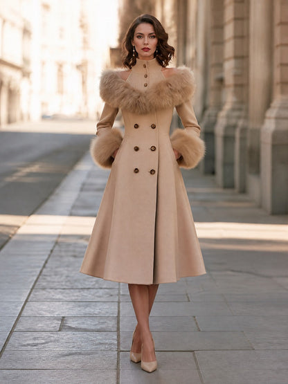 Detachable Faux Fur Trim Layered Coat Dress