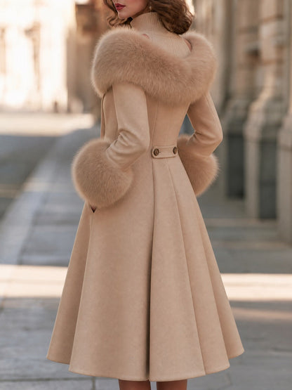 Detachable Faux Fur Trim Layered Coat Dress