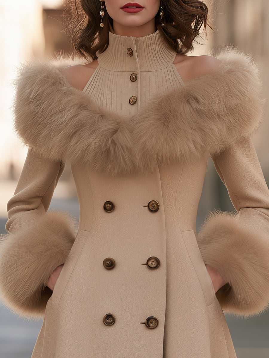 Detachable Faux Fur Trim Layered Coat Dress