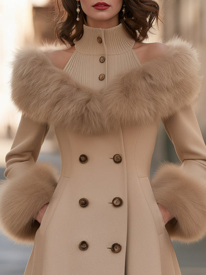 Detachable Faux Fur Trim Layered Coat Dress