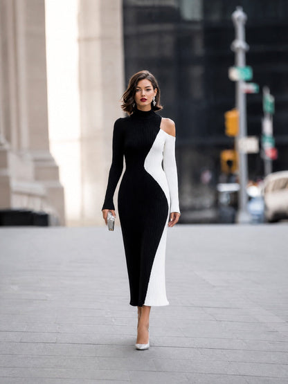 Two-Tone Color Block Cold Shoulder Ribbed Knit Bodycon Maxi Dress