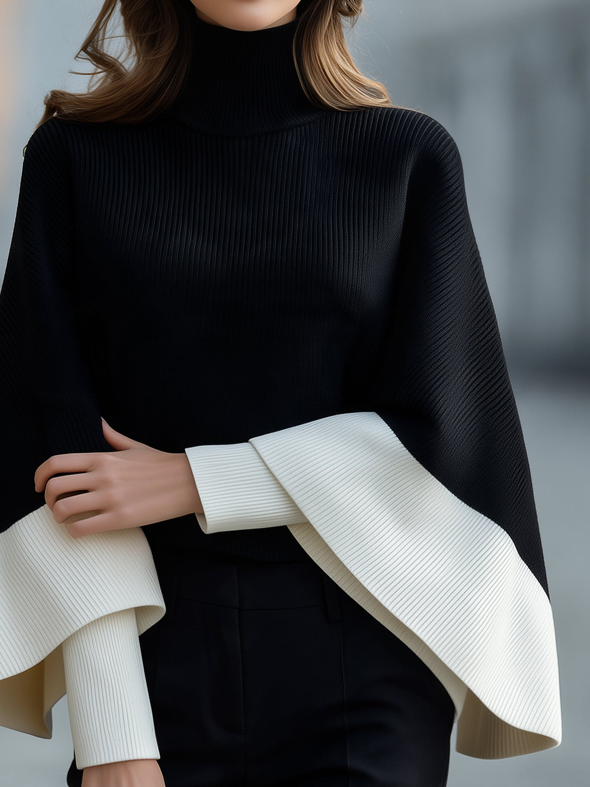 Turtleneck Batwing Cape Sweater Color Block Poncho Top