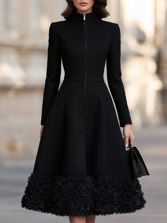 Floral Appliqué Hem Zip-Front A-Line Midi Dress