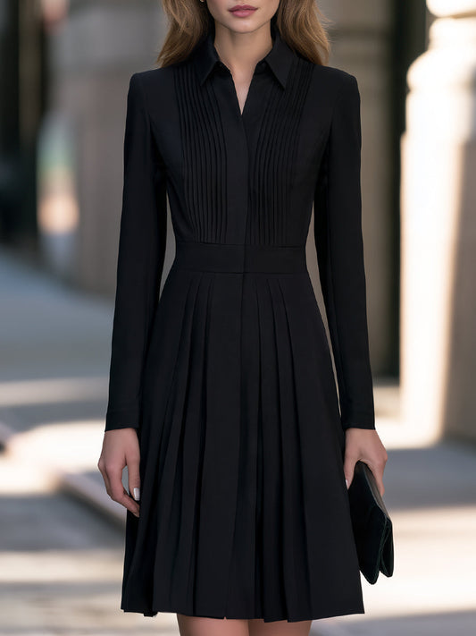 Pointed Shirt Collar Pleated A-Line Midi Dress