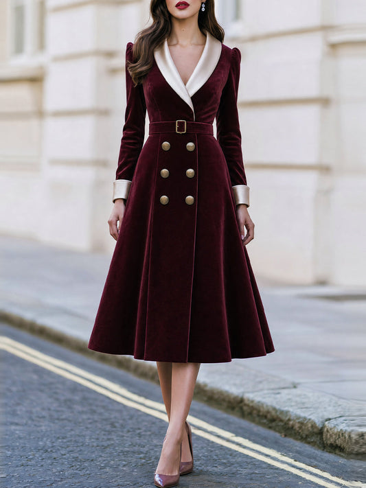 Satin‑Lapel Belted Double‑Breasted Velvet Midi Fit‑and‑Flare Dress