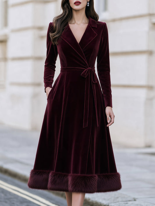 Velvet Lapel Wrap Midi Dress With Faux‑Fur Hem Trim
