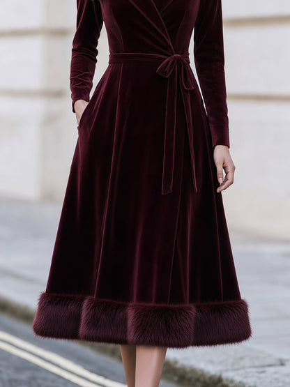 Velvet Lapel Wrap Midi Dress With Faux‑Fur Hem Trim