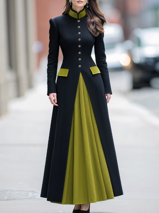 Black Chartreuse Contrast Stand Collar Long Coat & Sleeveless Maxi Dress Two-Piece Set