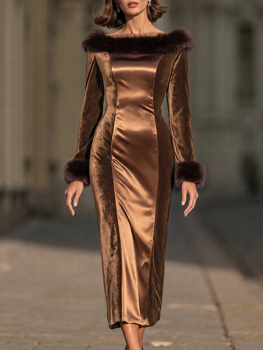 Luxe Faux-Fur Trim Velvet And Satin Midi Dress
