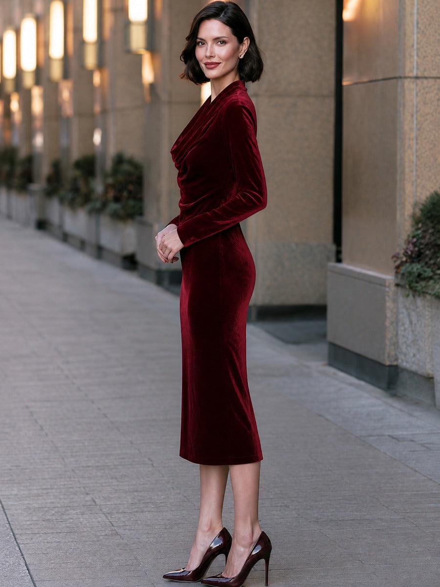 Draped Cowl Neck Velvet Long Sleeve Midi Dress
