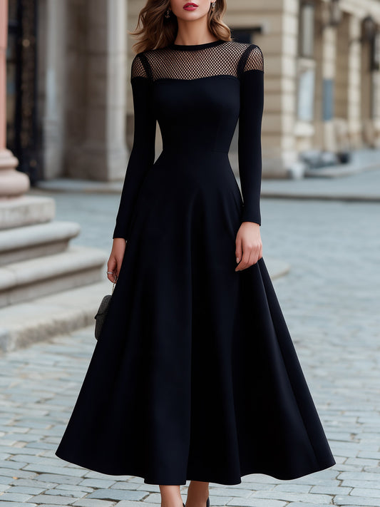 Elegant Mesh Splice Long Sleeve A-Line Maxi Dress