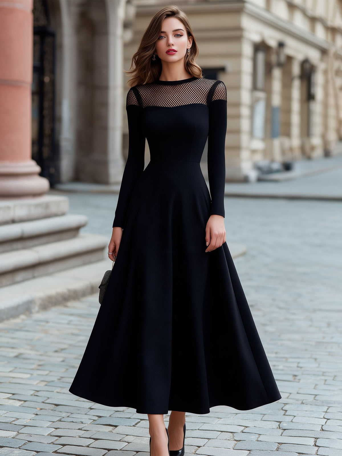 Elegant Mesh Splice Long Sleeve A-Line Maxi Dress