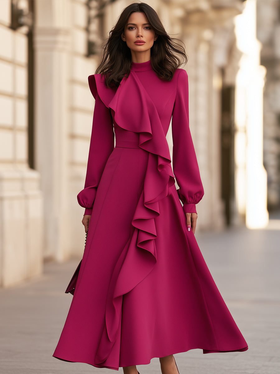 Elegant Ruffle Front Long Sleeve Maxi Dress