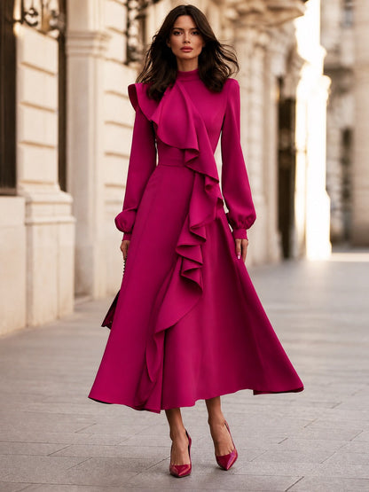 Elegant Ruffle Front Long Sleeve Maxi Dress