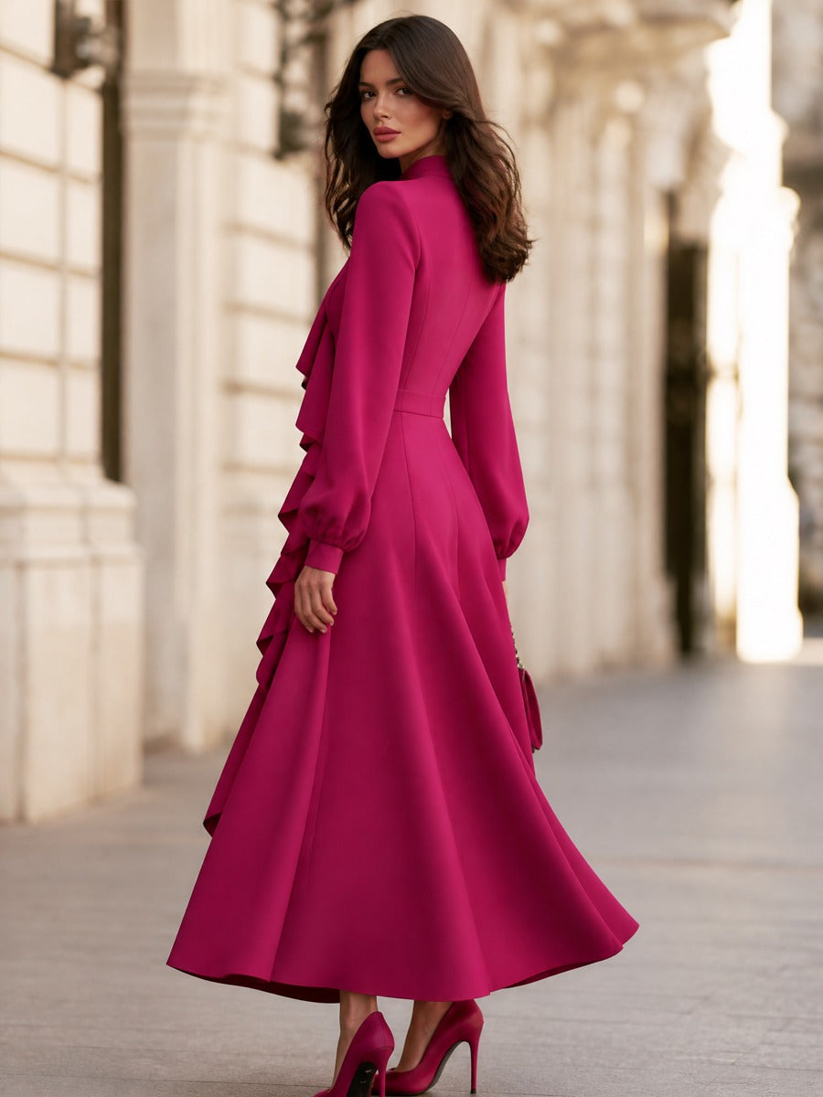 Elegant Ruffle Front Long Sleeve Maxi Dress