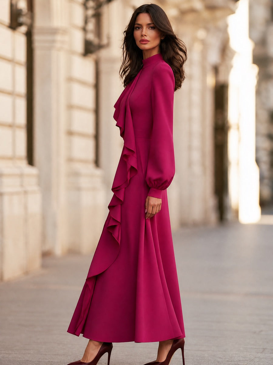 Elegant Ruffle Front Long Sleeve Maxi Dress