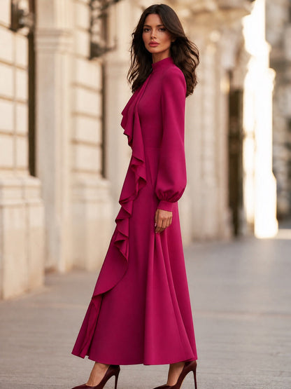 Elegant Ruffle Front Long Sleeve Maxi Dress