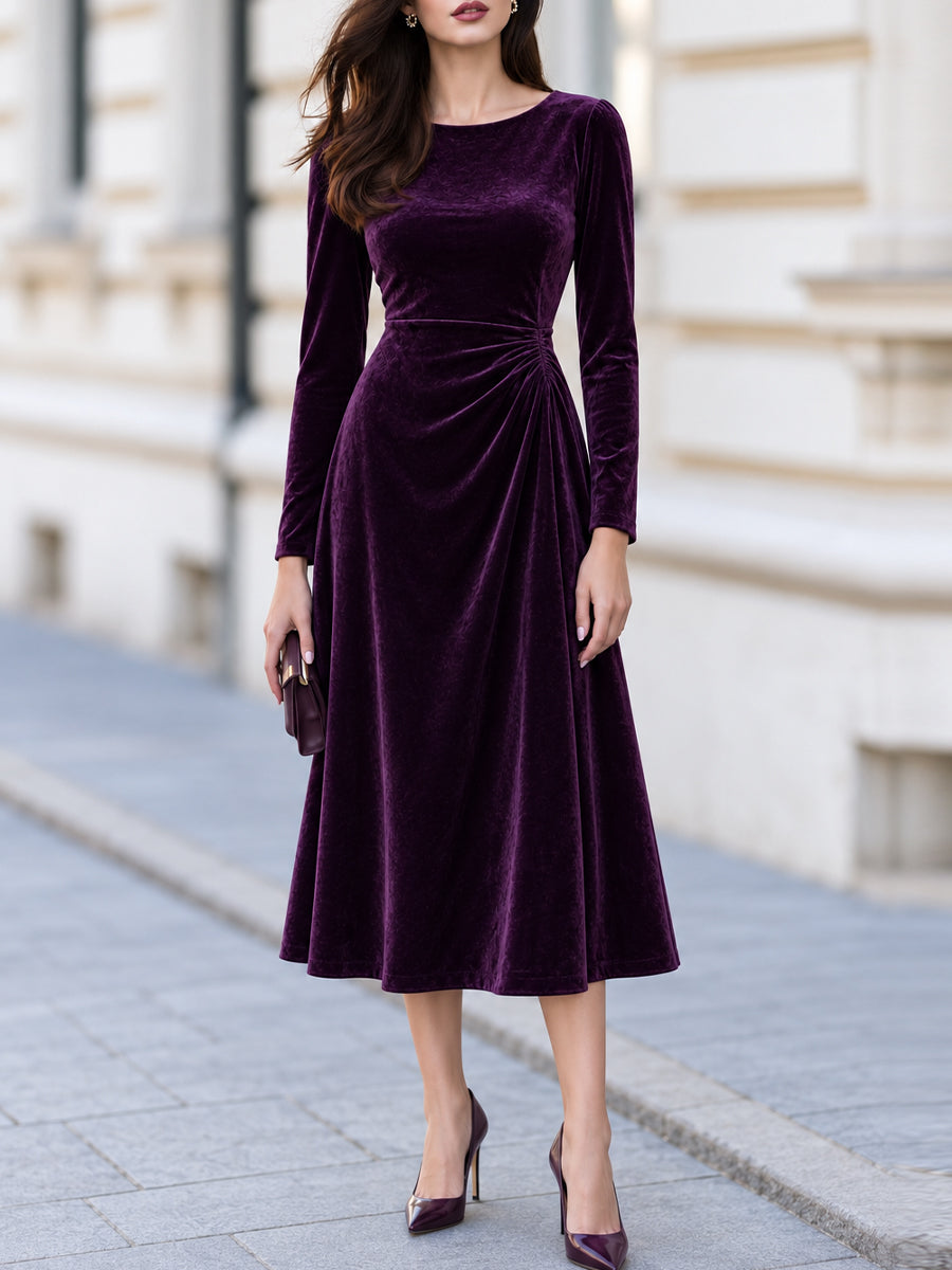 Round Neck Long Sleeve Velvet Side Ruched A-Line Midi Dress