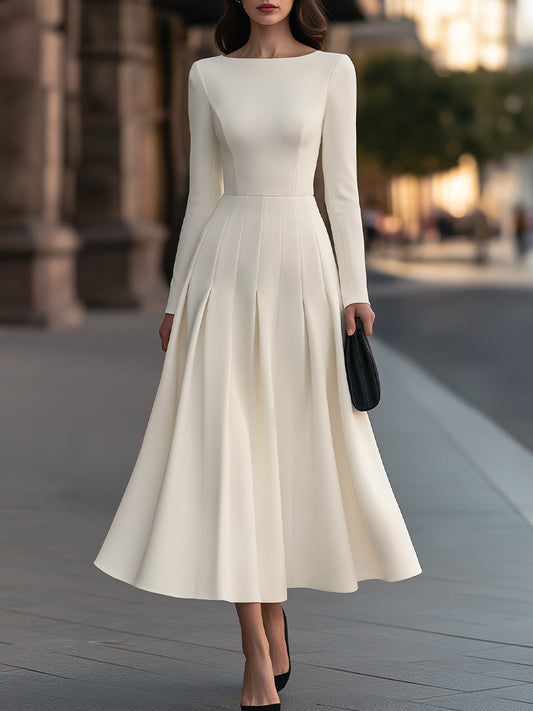 Boat Neck Long Sleeve Pleated A-Line Midi Dress