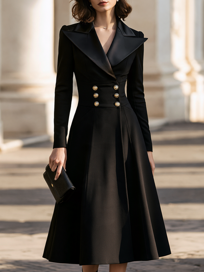 Elegant Satin-Lapel Gold Button Waist Tailored Midi Dress