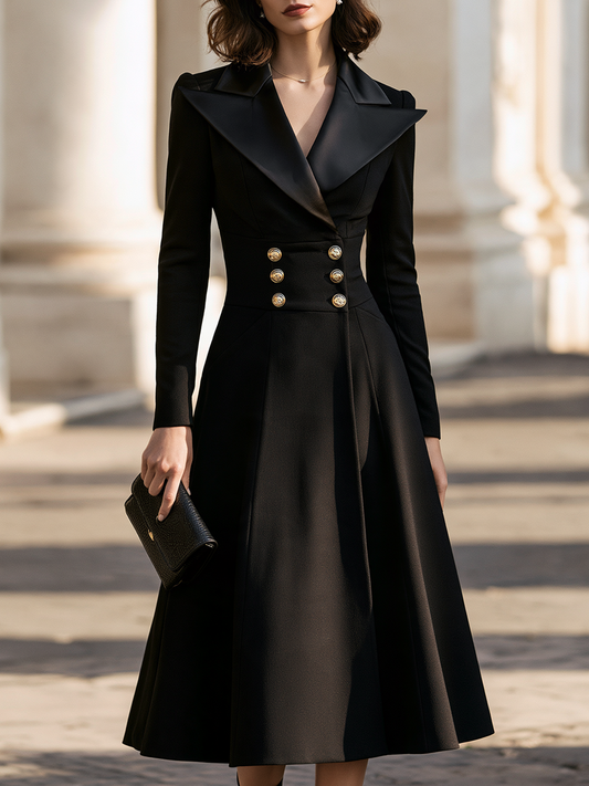 Elegant Satin-Lapel Gold Button Waist Tailored Midi Dress
