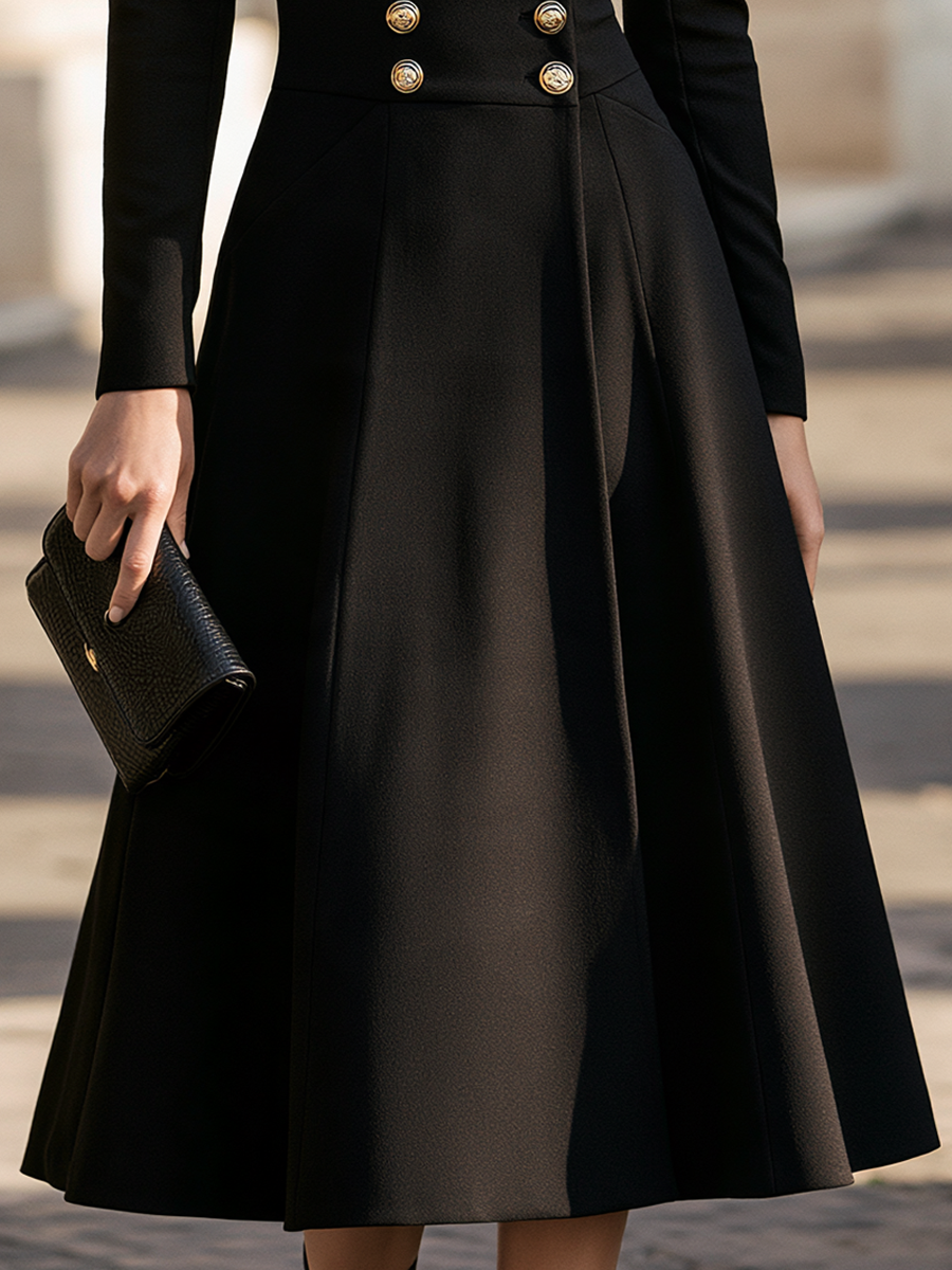 Elegant Satin-Lapel Gold Button Waist Tailored Midi Dress