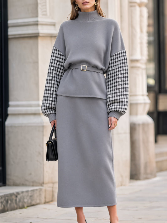 Mock Neck Houndstooth Sleeve Top & Midi Skirt Tailored Set