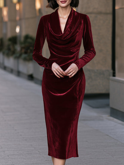 Draped Cowl Neck Velvet Long Sleeve Midi Dress